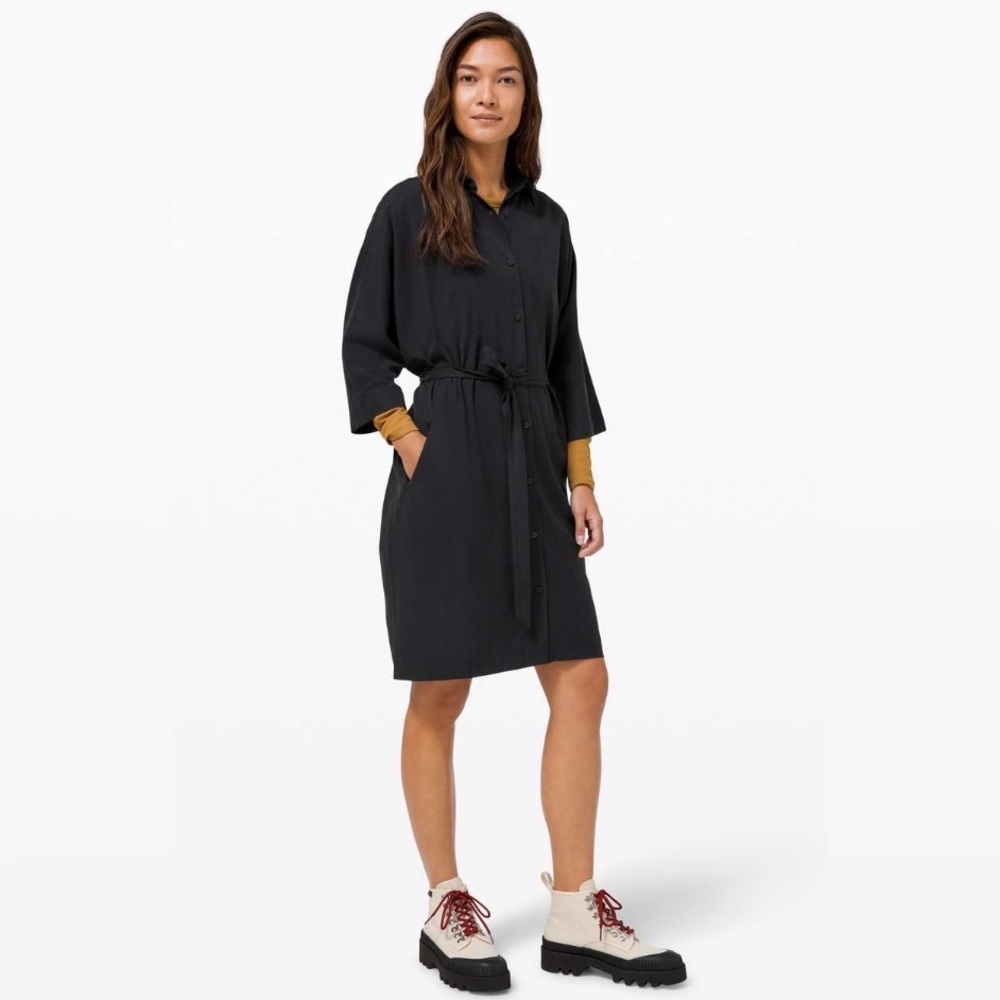 Lululemon Athletica Perfectly Poised Button Down Dress 3/4 Sleeve Black Size 8